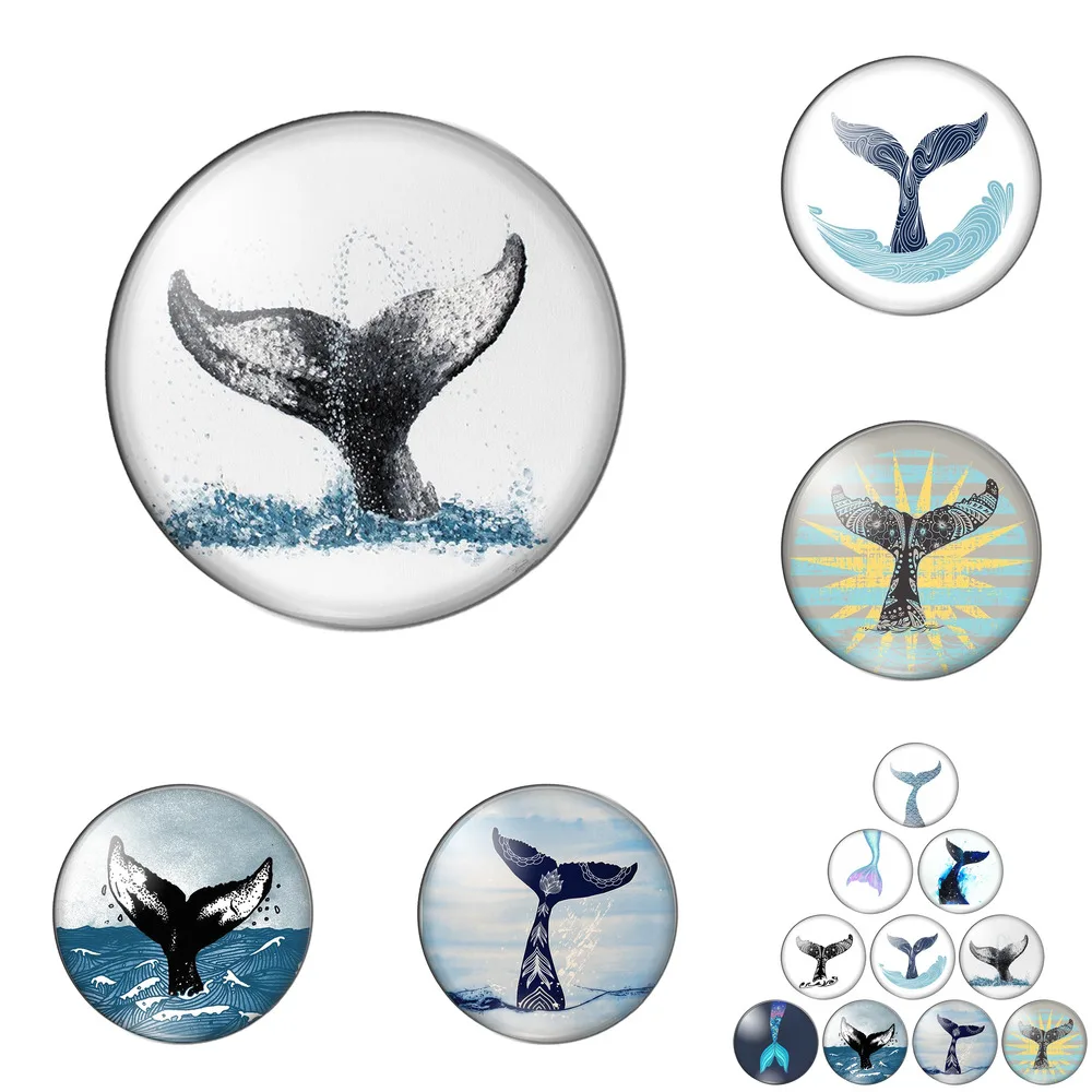 

12pcs/lot Watercolor Whale Tails Enter Ocean Water 10mm-30mm Handmade Round Photo Glass Cabochon Demo Flat Back Making Findings