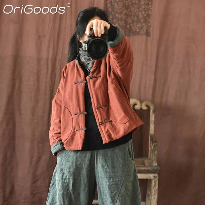 

OriGoods Chinese Style Winter Jackets Women Thick Warm Loose Winter Coats Cotton Linen National Vintage Outerwear F035