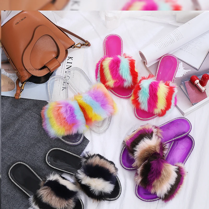 

2021 summer new women's one-word round rainbow sandals flat slippers open toe rhinestone plush outdoor women's shoes plus size42