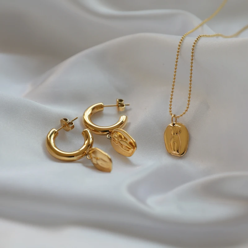 

Stainless Steel Beads Chain Vintage Women Jewelry Sets Female Body Pendant 18k Gold Plated Necklaces For Women Art Drop Earrings