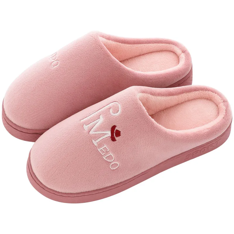

Letters Embroidery Indoor Slippers Women Men Warm Plush Slipper Anti-slip Soft Sole Slip On Lovers Winter Home Floor Shoes ZIMUT