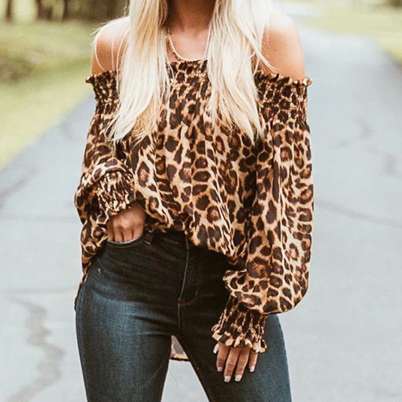 

Women Off Shoulder Leopard Shirts Lady Girls Loose Tops Pullovers Chic Ladies Blouse Stylish Femme Blusa Shirt Clothing