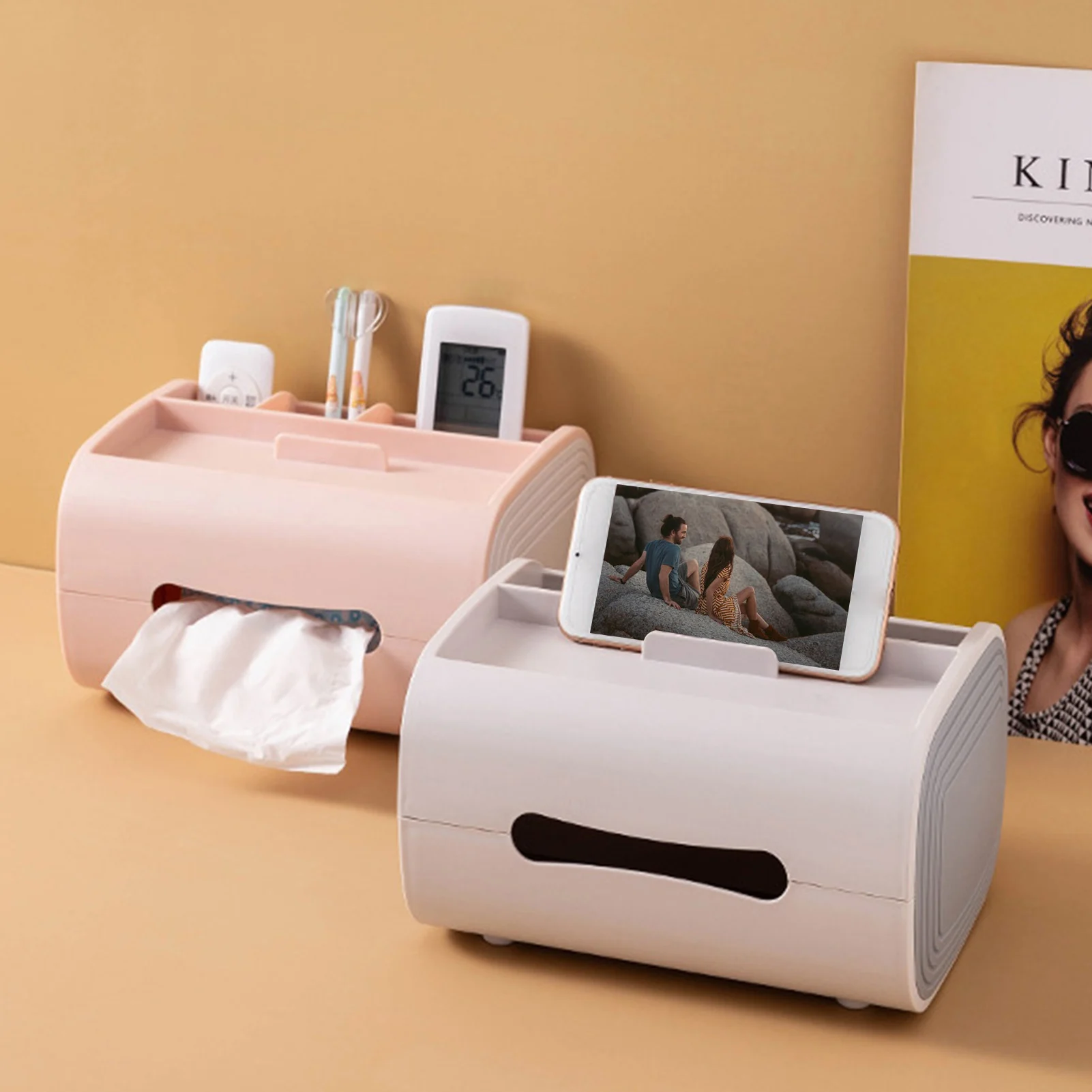 

Tissue Box Phone Stand Napkin Dispenser Remote Control Pen Storage Case Detachable Paper Holder Home Office Desktop Organizer