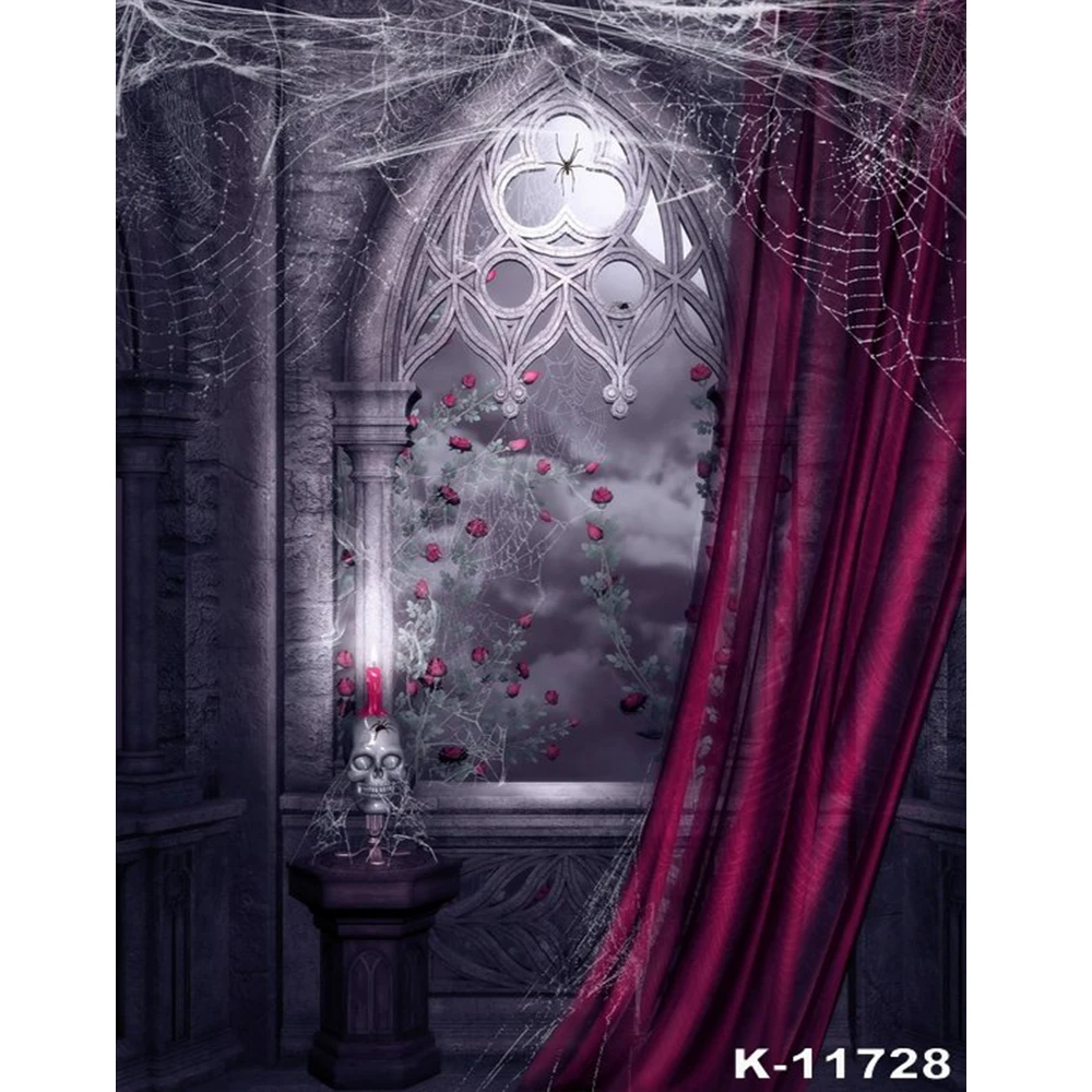 Фон для фотосъемки Хеллоуин в помещении окно роза Паук веб свеча сцена дети фото