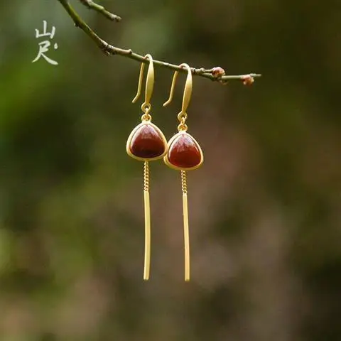 

Yan Xin Natural South Red Agate Drop-Shaped Chinese Style Earrings S925 Sterling Silver Jade Classical Palace Style Earrings