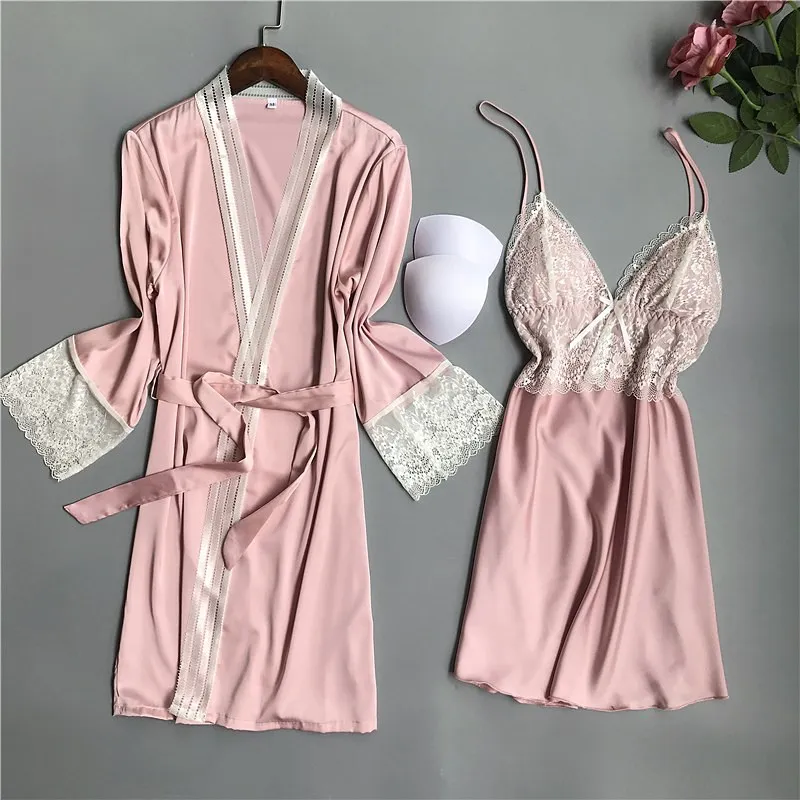 

2pieces Women's Sleepwear Lounge Robe & Gown Sets Luxury Female Sexy Satin Lace Nightgown Pyjama Sets