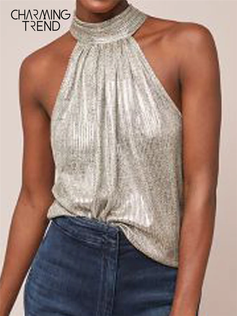 Женский жилет без бретелек Charmingtrend черный светоотражающий Блестящий