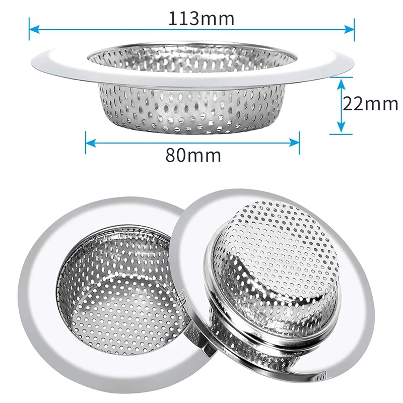 

4.5 Inch Diameter Stainless Steel Kitchen Sink Basket Strainer, Large Wide Rim (Pack of 3)