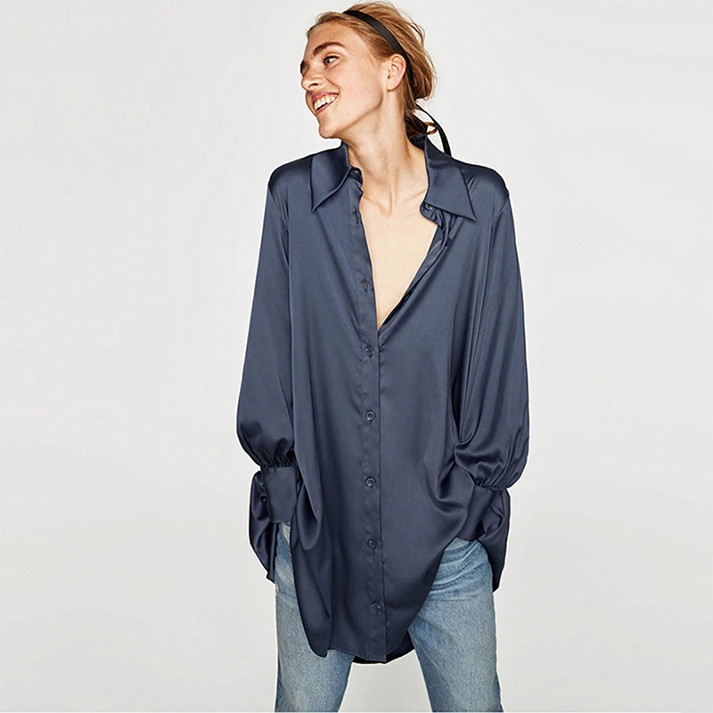 

Women's satin shirt solid color single breasted long sleeve medium length shirt irregular shirt dress plus large size US14-22