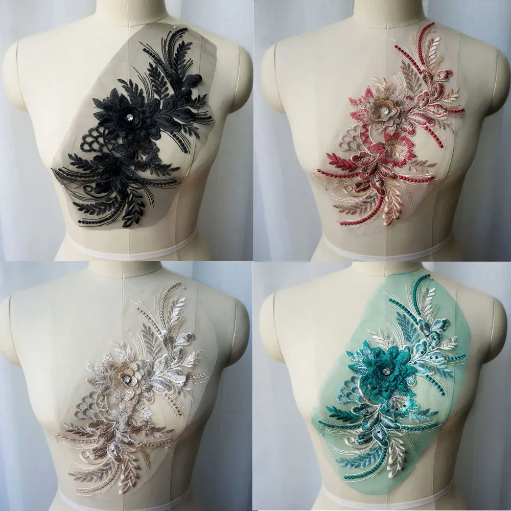 Черная красная вышитая кружевная ткань 3D цветок кисточка стразы аппликации для