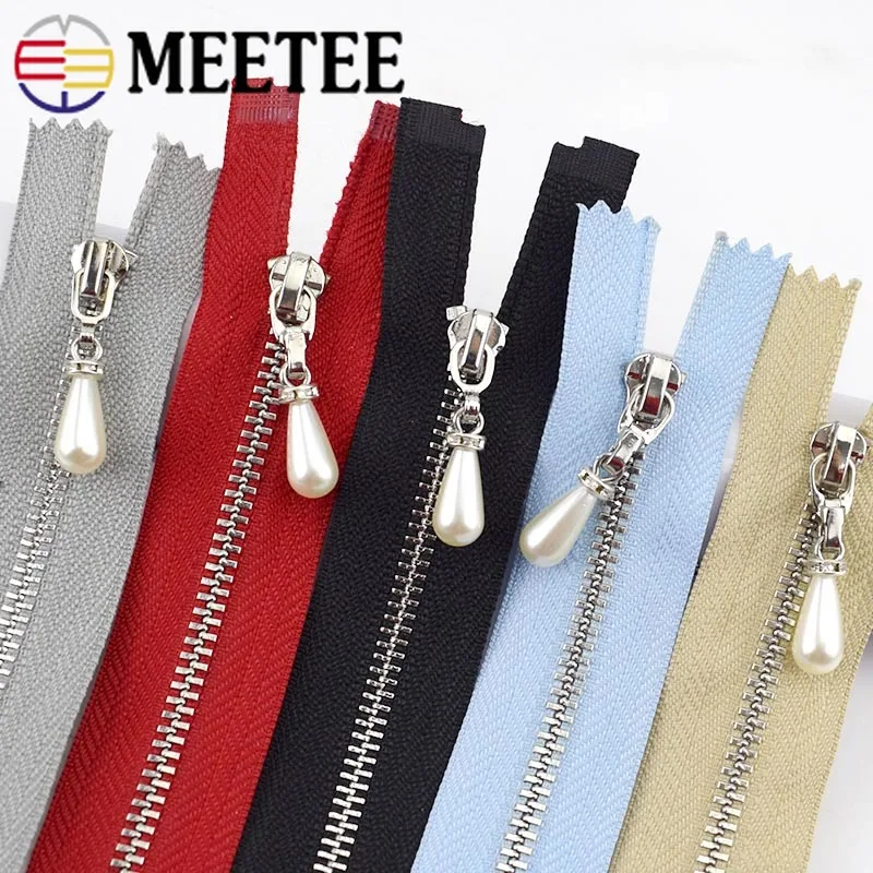 

5pcs Meetee 20cm Close-end 40/50/60/70cm Open-End 3# Metal Zipper Pearl Slider Zip for Sewing Clothing Decor DIY Crafts Tools