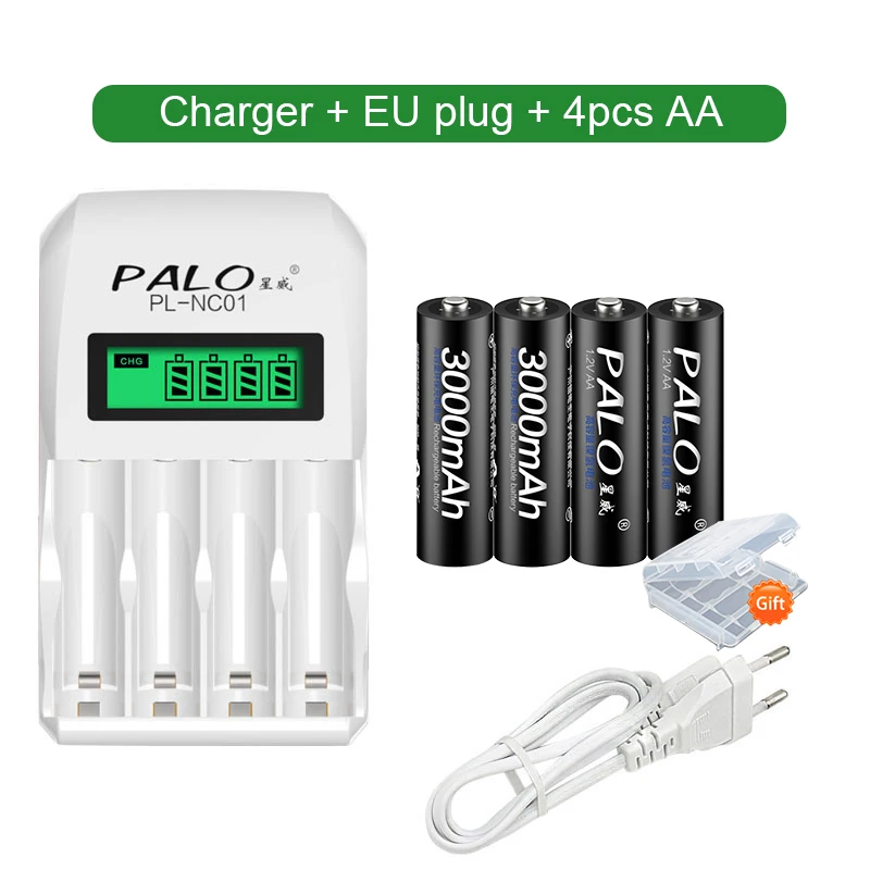 PALO 3000mAh AA батареи Ni MH аккумуляторная батарея + LCD зарядное устройство для 1.2В CD AAA