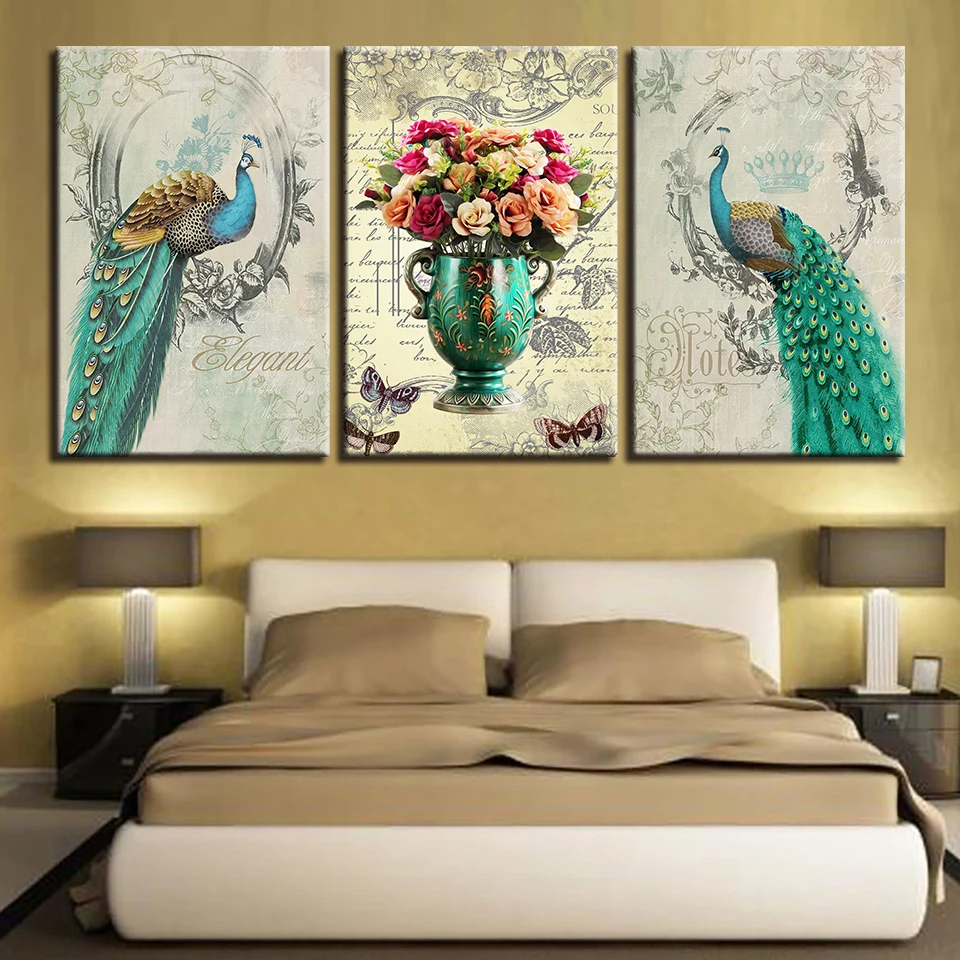 

Canvas Painting Wall Art Pictures Home Decor Framework 3 Pieces Green Peafowl Flower HD Prints Peacock Couple Poster Living Room