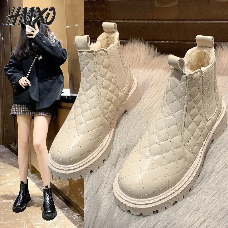 

HMXO Martin Boots Women Thickened Winter Warmth Round Head Short Tube Diamond Plaid Snow Boots Flat Bottom Women Cotton Shoes
