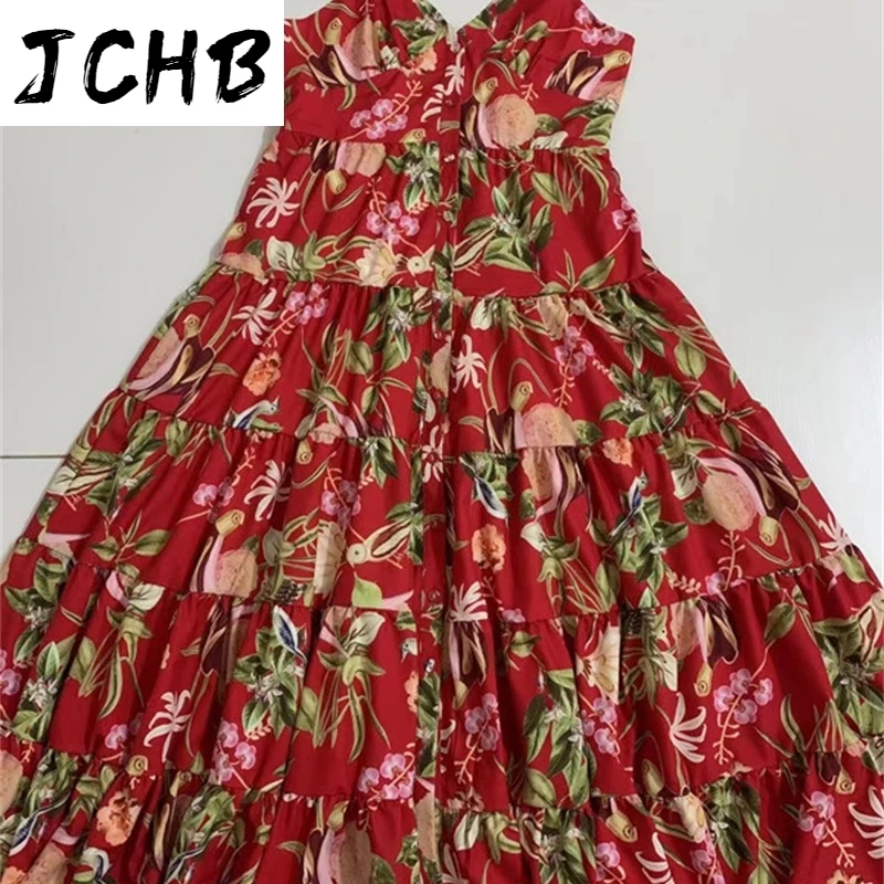 

JCHB Elegant Suspender Sexy V- Sleeveless Breast Wrapped Print Stitching Swing Maxi Dresses For Women 2021 Summer GX190