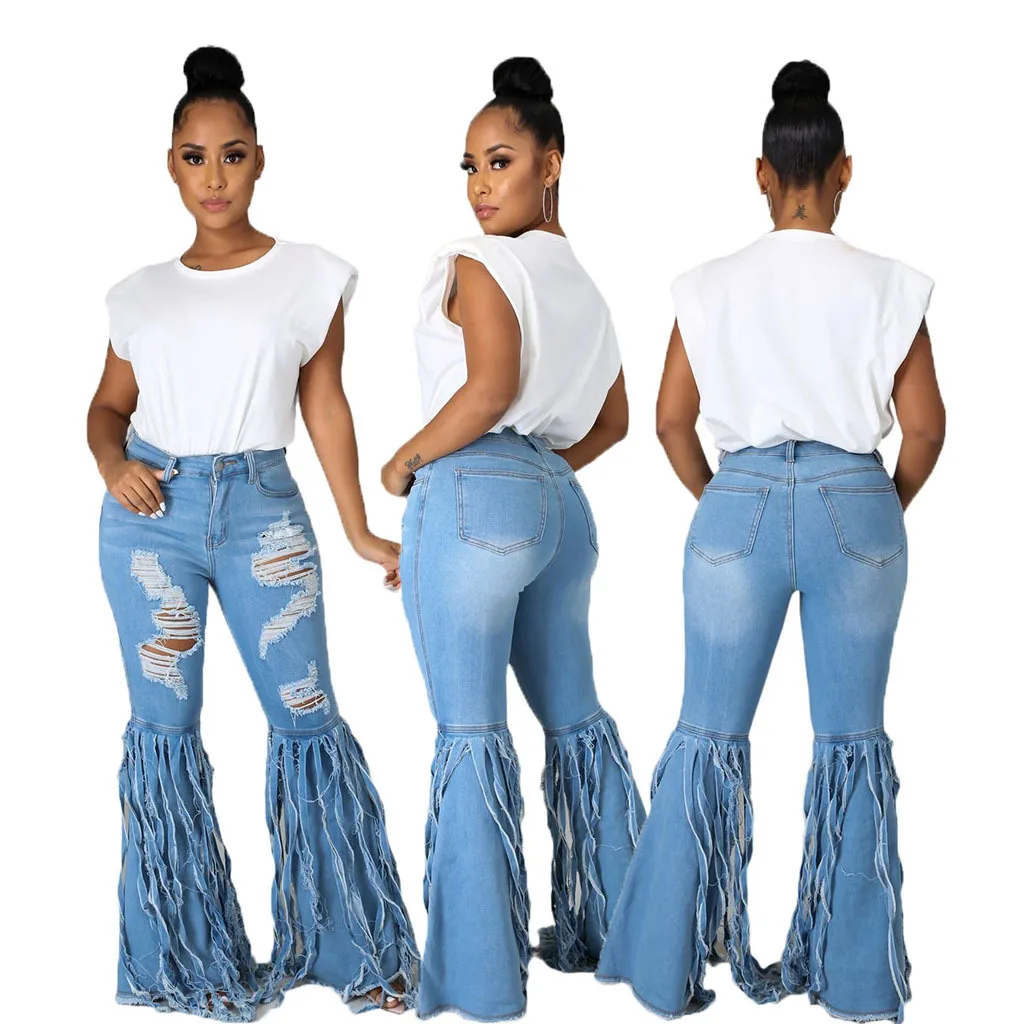 

Women's Denim Flared Pants Mid-Waist Trousers Sexy Fashion Wild Tassel Ripped Elastic Slim Women Jeans Hot Sale Item