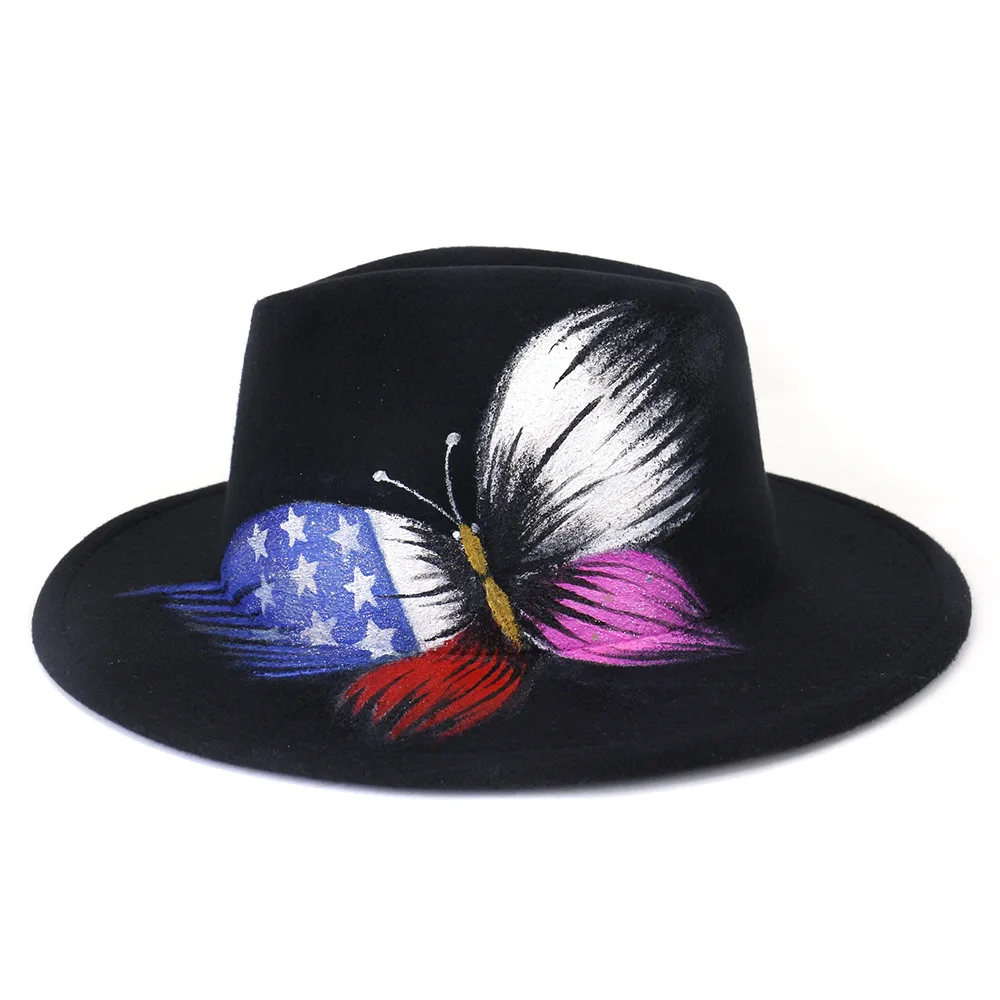 

New Fashion Print Fedora Hat Black Solid Color Wool Felt Jazz Hats Elegant Men Women Wide Brim Panama Trilby Cap wholesale