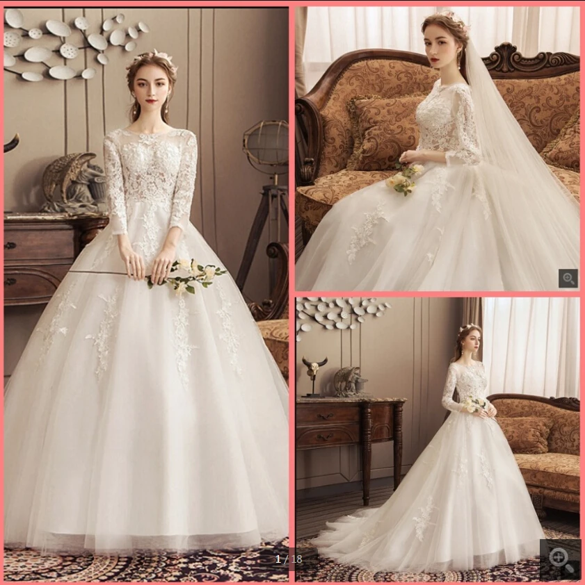 

Robe de mariage lace appliques ball gown wedding dress 3/4 sleeve modest beaded princess bride dresses muslim vintage dress