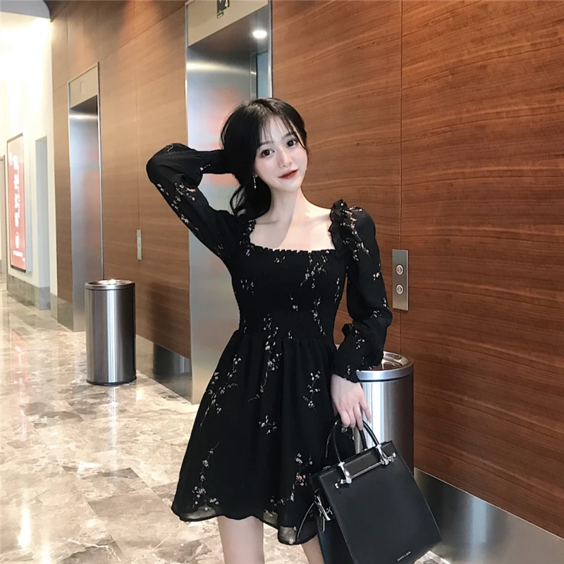 

Vintage Style Chiffon Dresses Spring Long Sleeve Fashion Brand Mini-dress Black Print Vestidos De Fiesta Women's Clothing New