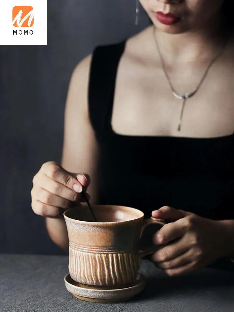 

Handmade Coffee Cup Vintage Personal Office Cup Stoneware Meeting Tea Cup with Lid Kiln Tea Cup Holder