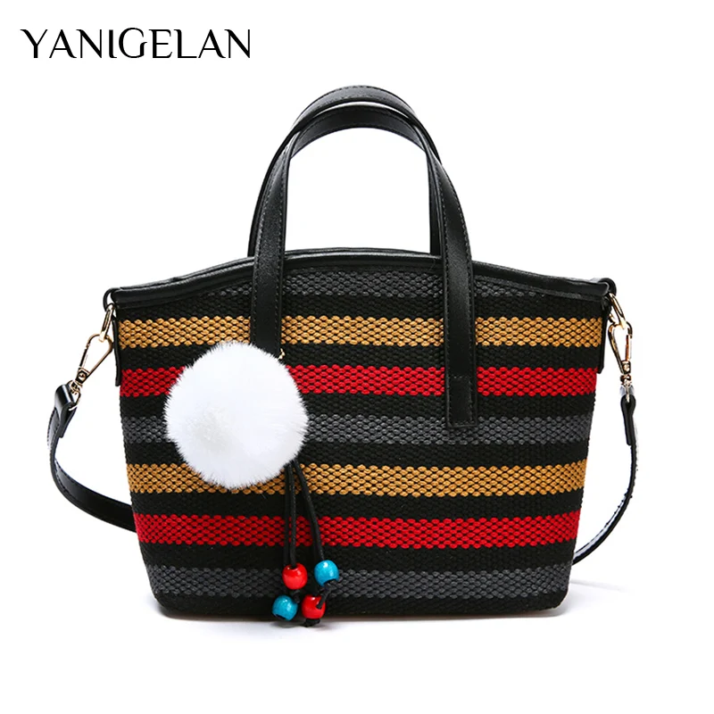

Large Capacity Tote Women Bohemia Female Rainbow Color Beach Bags Retro Elegant Ladies Handbags Vacation Woven Top-Handle Pack