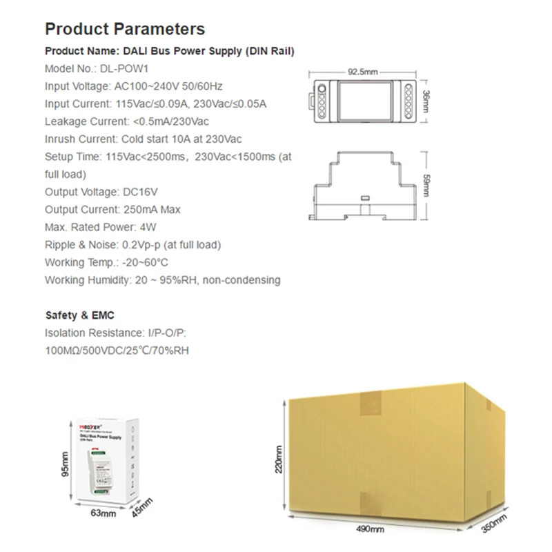 Miboxer DL POW1 DC16V DIN Rail DALI Bus источник питания 4W Max250mA светодиодный трансформатор для AC