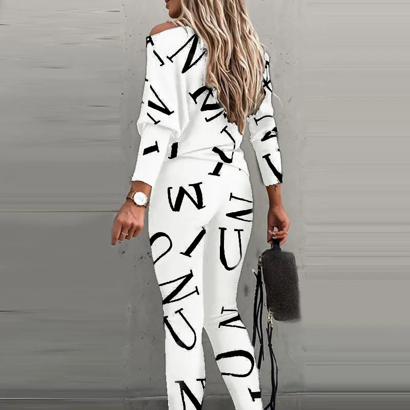 

Letter printing long-sleeved trousers casual suit 2021 spring and autumn new stand-up collar one-shoulder sports 2-piece suit