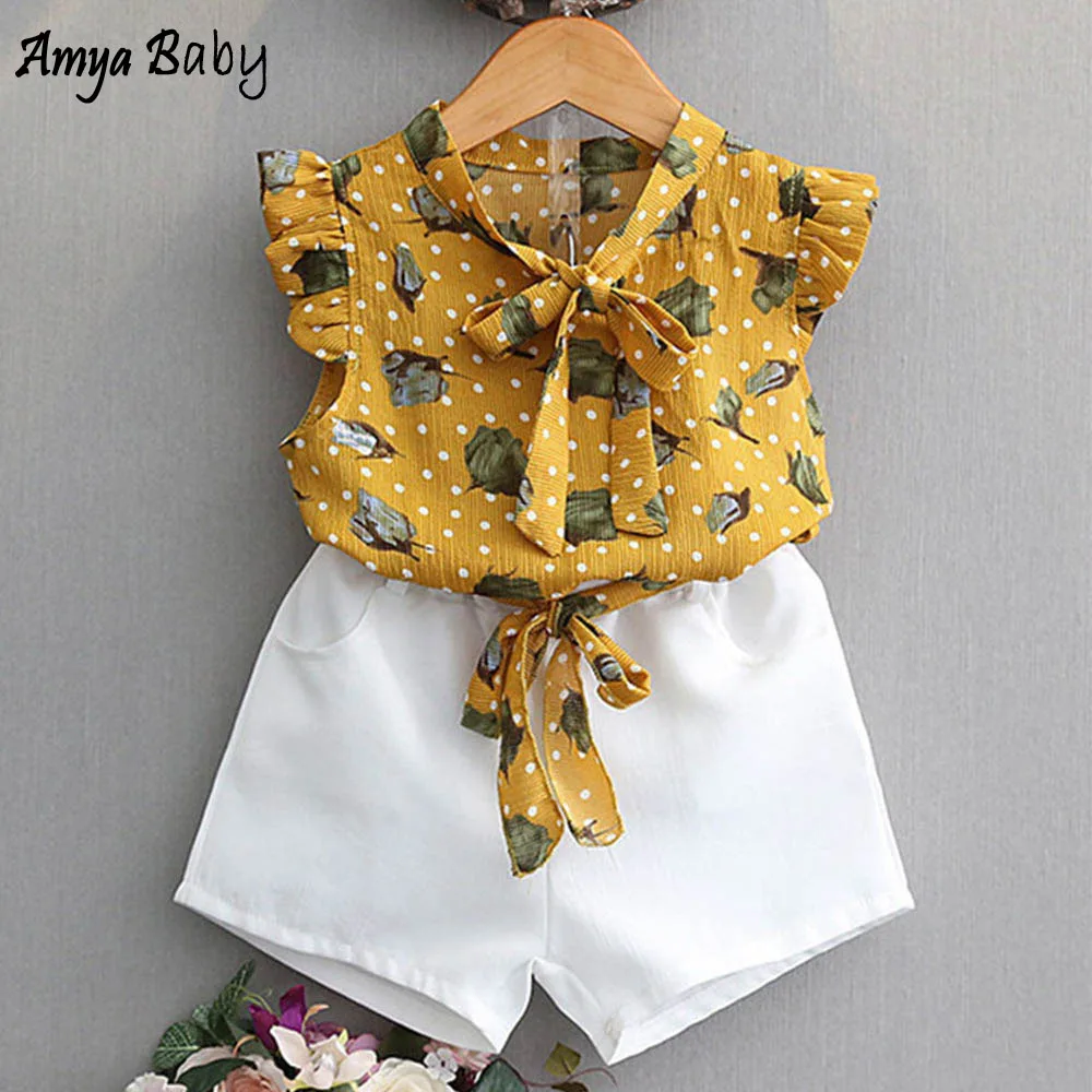 

Amya Baby 2022 Girls Summer Clothes Toddler Valentine Outfit Floral Dot Chiffon Tops + Short Pants 2pcs Girls Clothing Sets