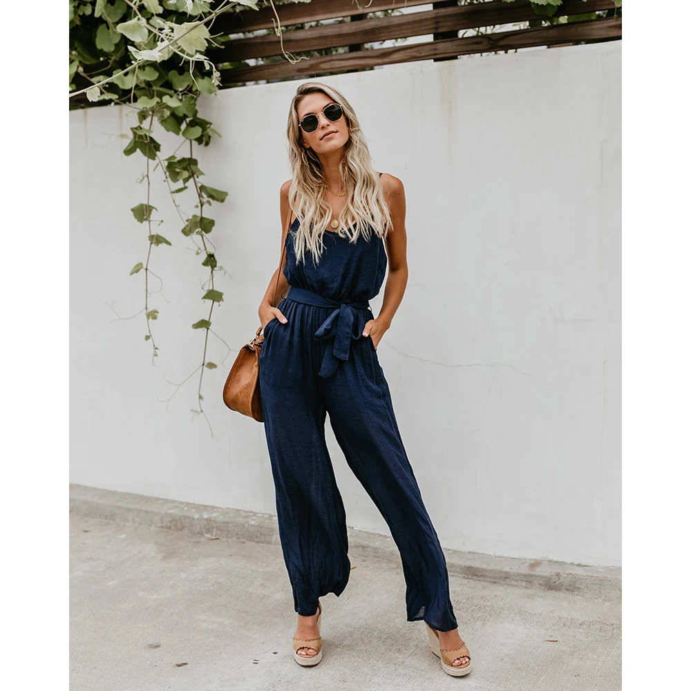 

QRWR Summer Fashion V Neck Solid Color Jumpsuit Women Sexy Spaghetti Jumpsuit Casual Wide Legs Women Jumpsuit