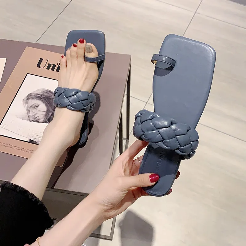 Модные женские шлепанцы Летние туфли Женские Кожаные плетеные сандалии на