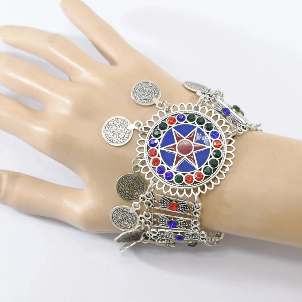 

Bohemian Vintage Silver Color Metal Coin Tassel Bracelets for Women Crystal Statement Bracelet Ethnic India Tribal Party Jewelry