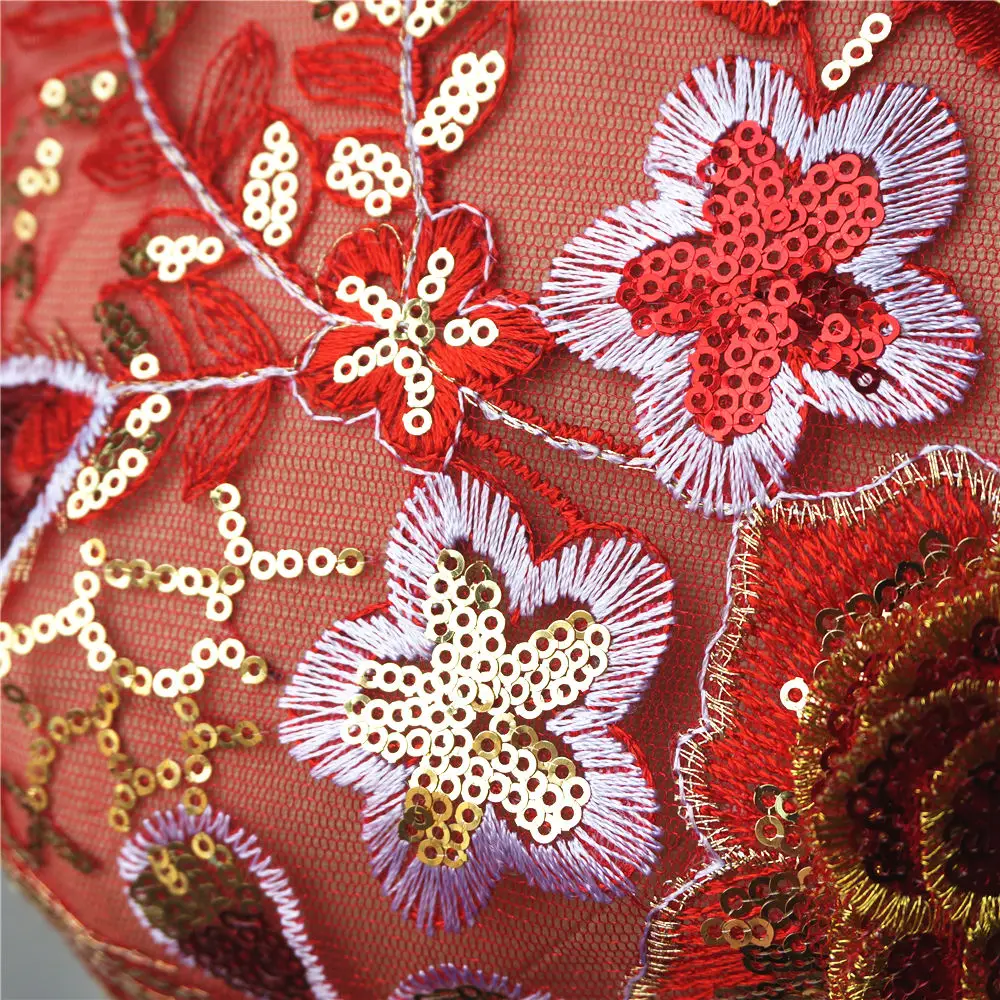 Красные золотые блестки перо цветок вышитая аппликация кружевной тканевый