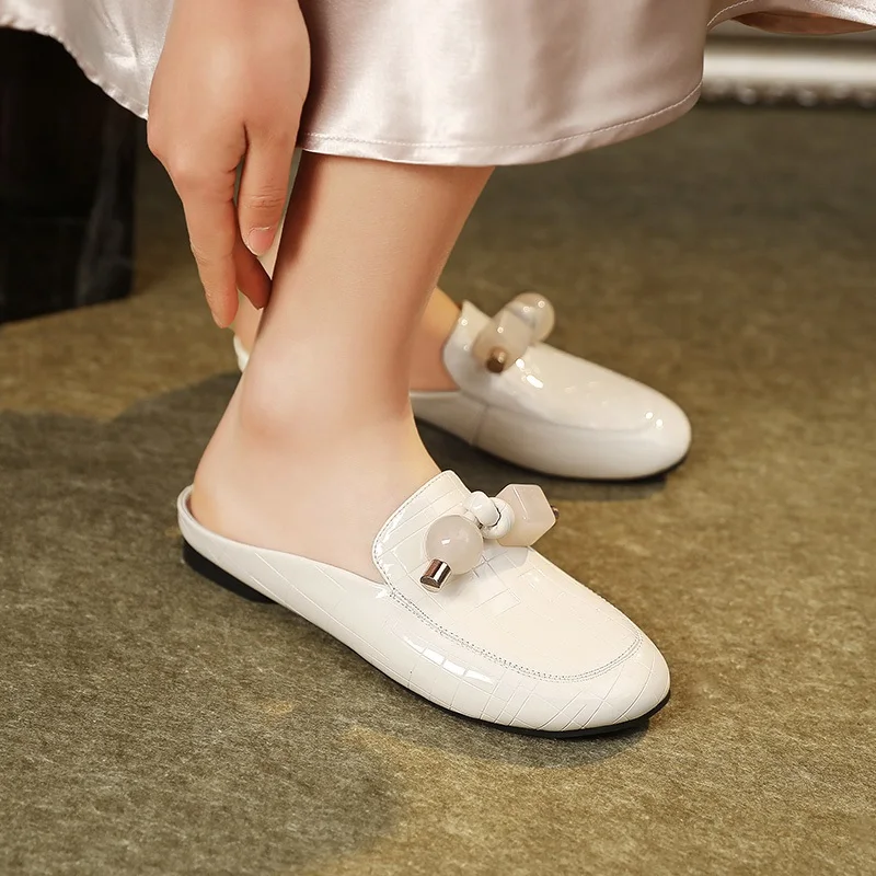 

spring summer women slipper shoes fashion brand beading slip on mules round toe sandals leisure low heel slides leather sandals