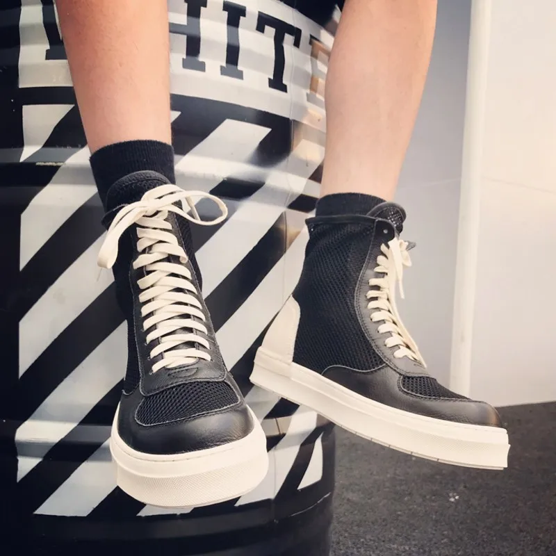 Модные мужские высокие дышащие сетчатые туфли на шнуровке Кожаные толстой