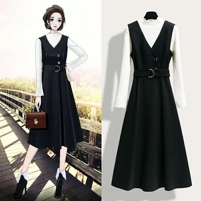 

Women 2021 Spring Autumn New Casual Two-piece Suit Female Slim Sweater+Woolen Vest Dress Ladies Vestidos Sets Y790