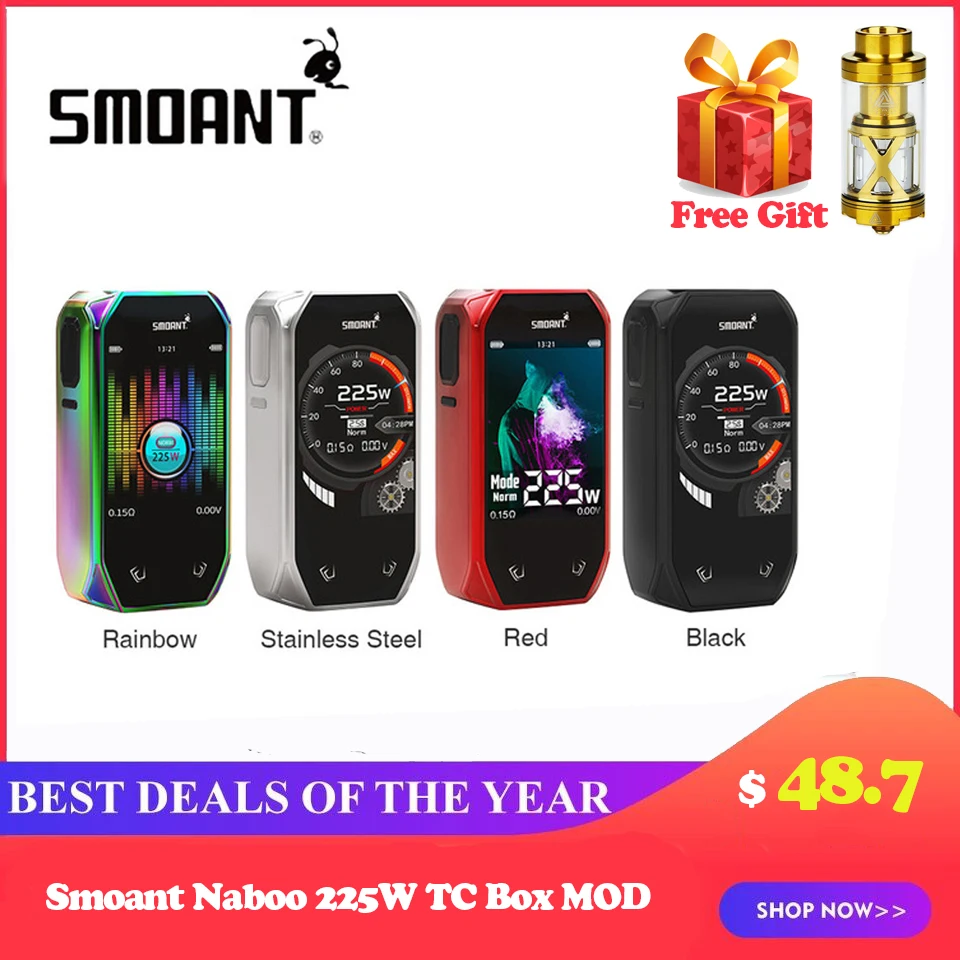 Smoant naoo 225 Вт TC бокс мод Vape комплект 2 4 дюймов цветной экран Коробка Двойной 18650