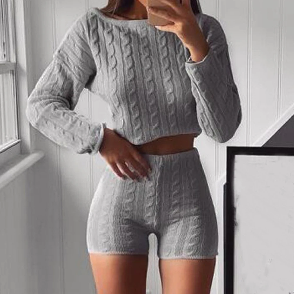 

Littlerossa Two Piece Set Women Set Autumn Winter Outfits Long Sleeve Knit Sweater Top And Shorts Suit Sexy Solid Sweater Set