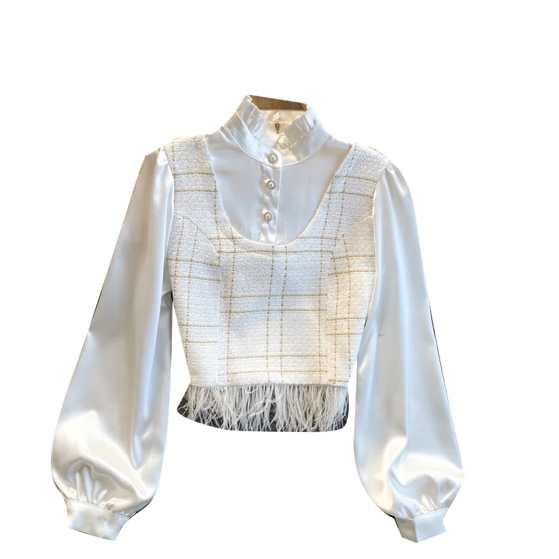 

women clothes 2021 spring fashion vintage elegant stand collar tassel white crop top plaid tweed long sleeve blouse shirts