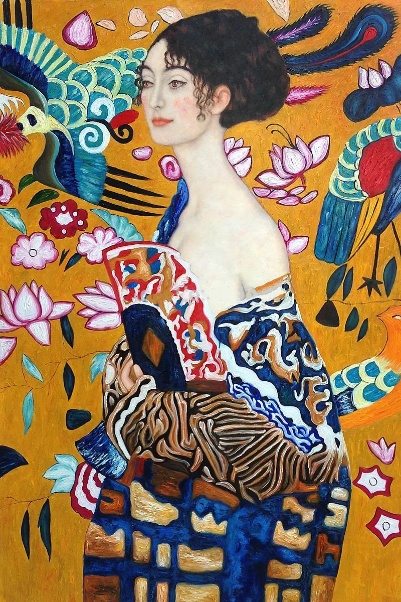 

Handpainted Portrait Oil Paintings Unframed -Signora con Ventaglio Interpretation by Gustav Klimt Painting for Wall Decoration