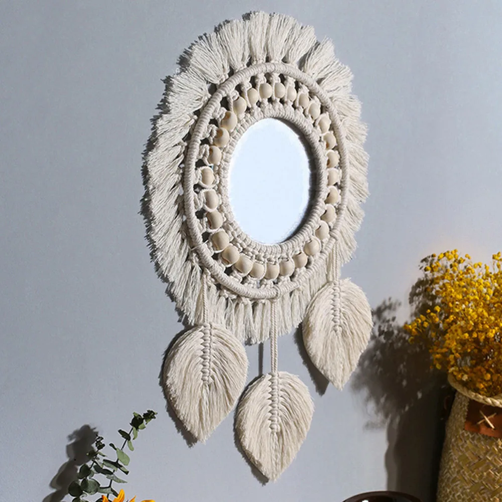

1pc Decorative Bohemian Mirror Cotton Rope Mirror Vintage Porch Mirror (Beige)