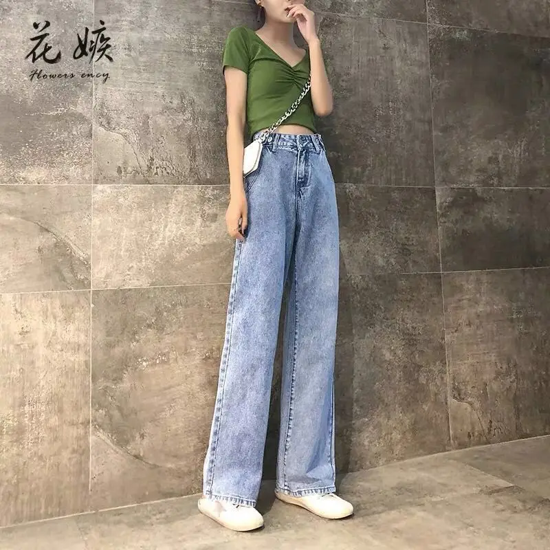 Woman Jeans High Waist Adjustable Size Wide Leg Denim Clothing Blue Streetwear Vintage Quality Fashion Harajuku Straight Pants