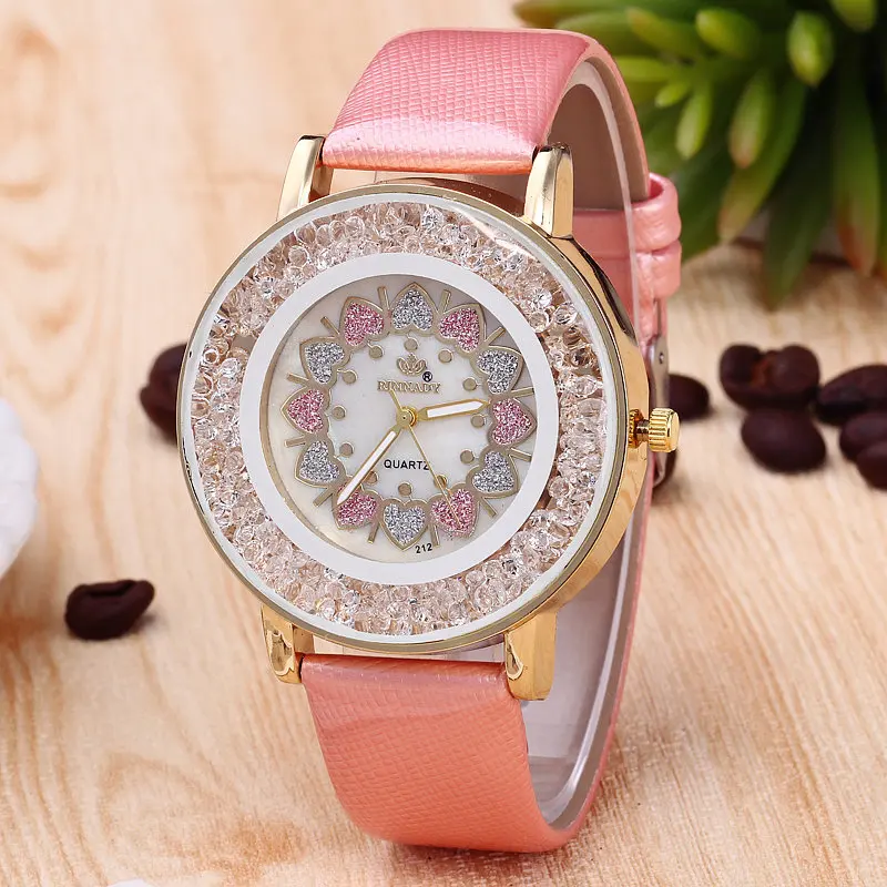

Women Lady Watches Diamond Crystal Ball Heart Big Dial PU Leather Strap Wristwatch Analog Quartz Watch Gift EIG88