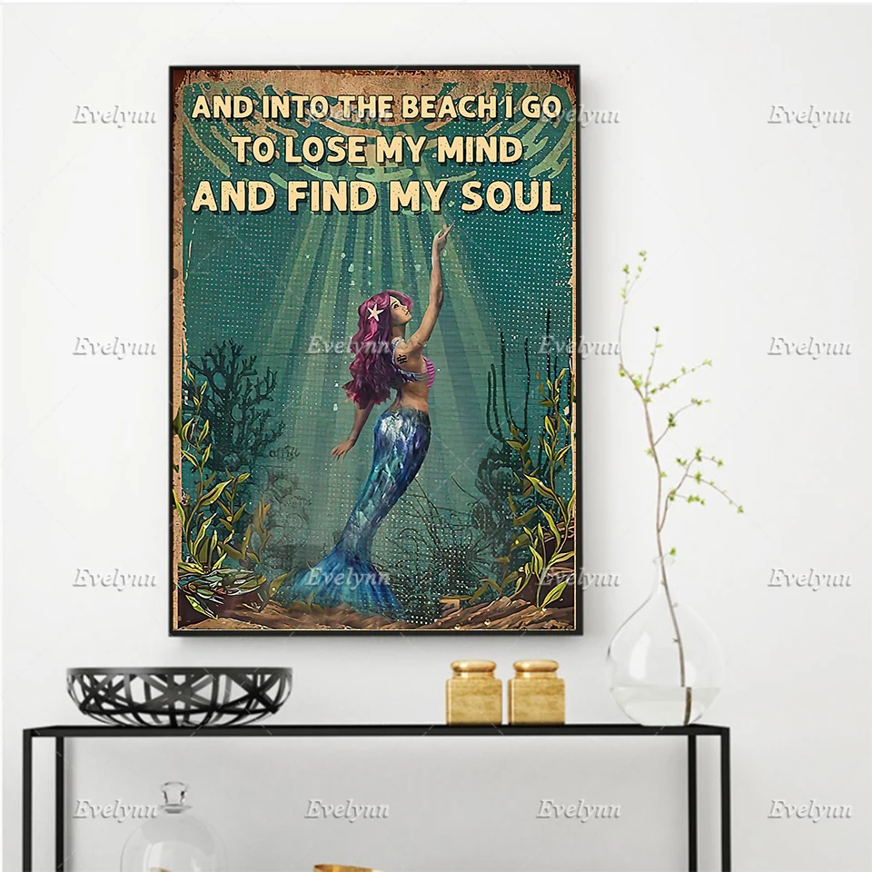 

Mermaid Poster - And Into The Beach I Go To Lose My Mind And Find My Soul, Home Decor Canvas Wall Art Print, Mermaid Lover Gift