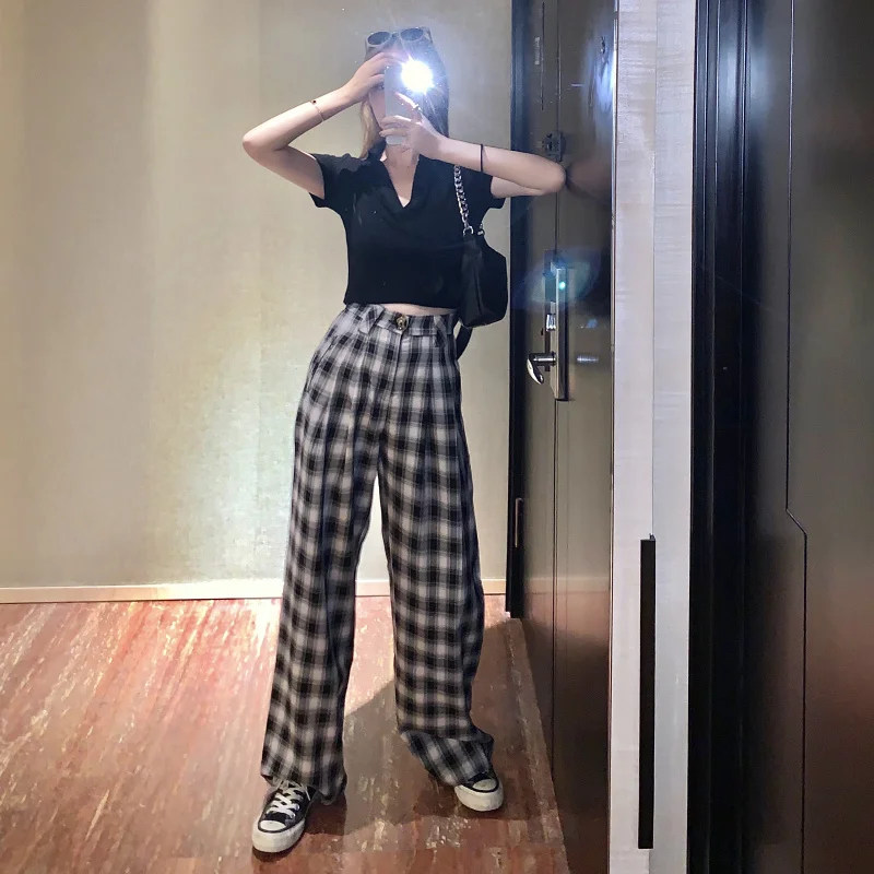 

Spring New Plaid Wide Leg Pants for Women Clothing Korean Fashion High Waist Trousers Female Ins Straight Loose Casual Capris