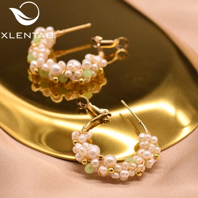 XlentAg натуральные белые маленькие жемчужные серьги-кольца с зеленым камнем для