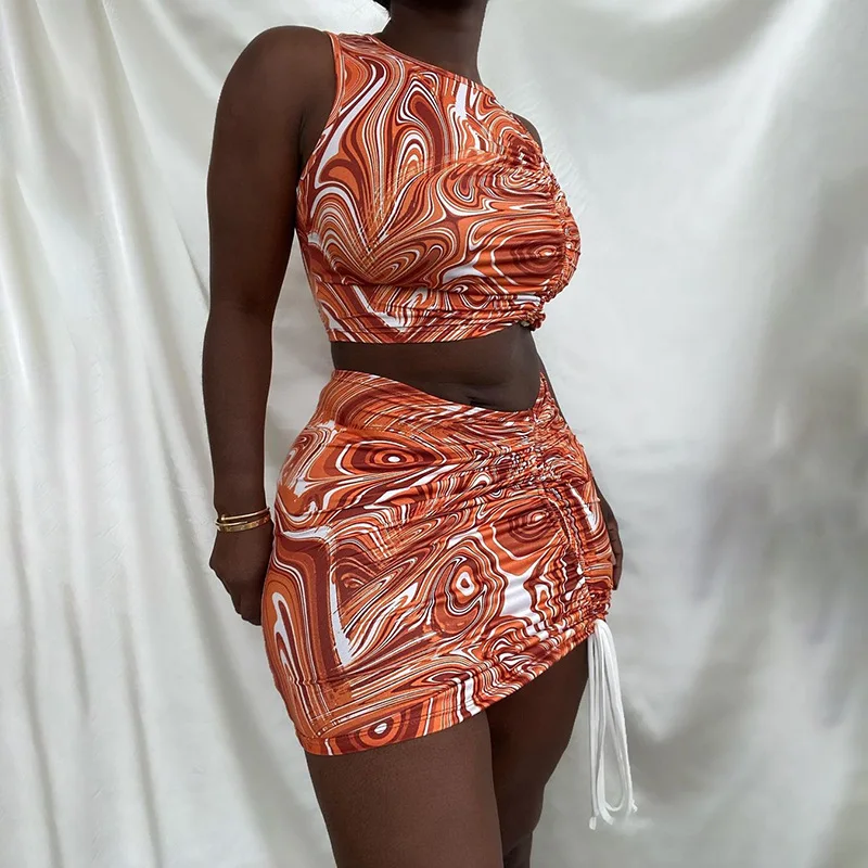

Women Sexy Vest Skirt Suit Two Pieces Fashion Printing Drawstring Cropped Tops Tight Short Skirt Sets Summer Clothes Set Female