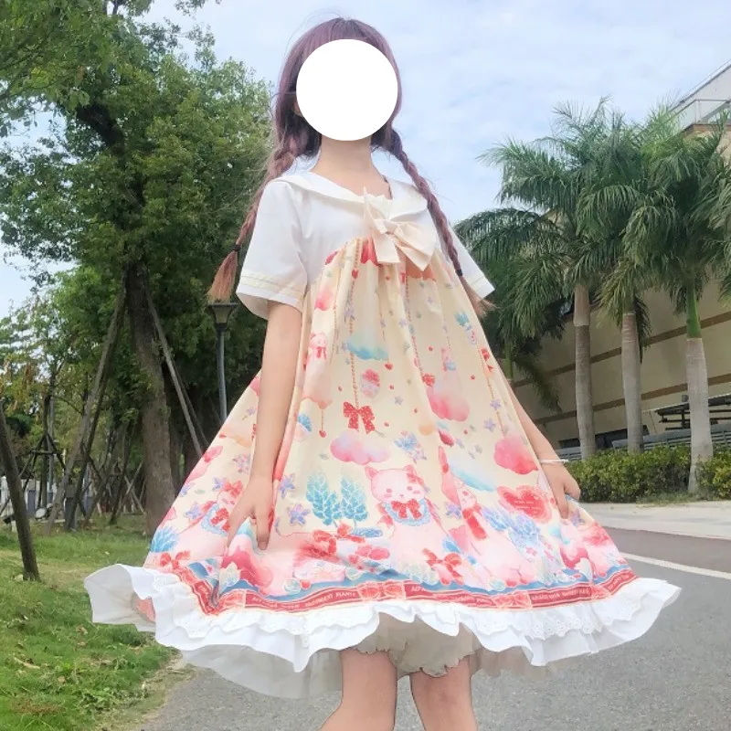 Винтажное платье в стиле сладкой Лолиты с принтом альпака летнее милое