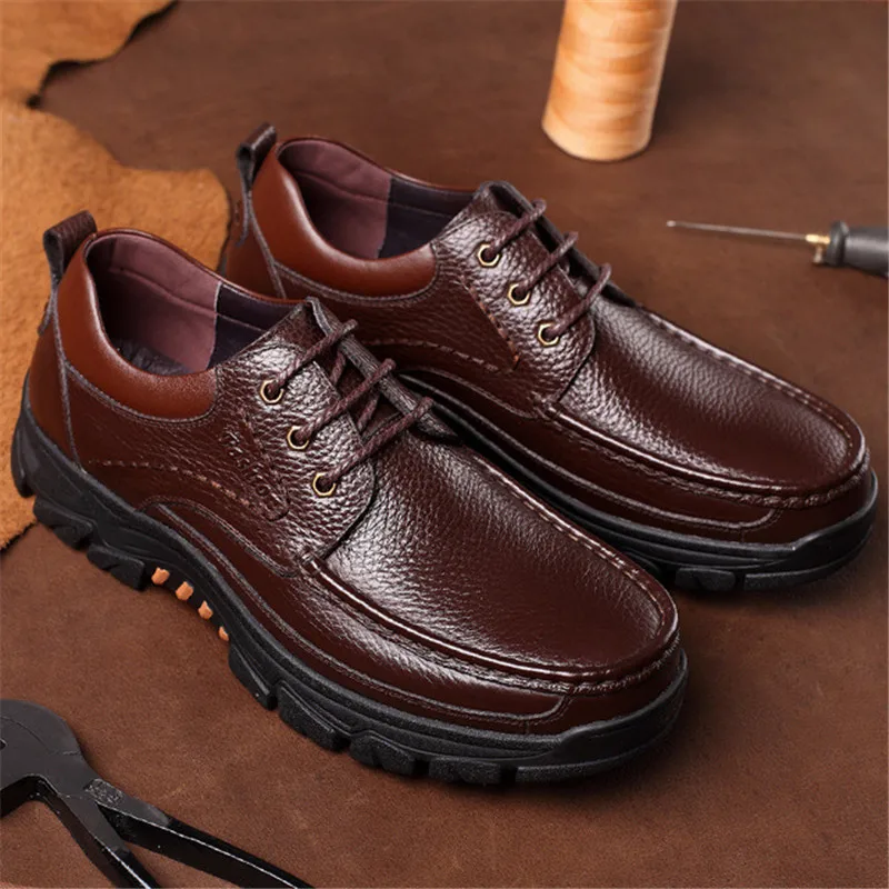 

2020 Spring Men's Genuine Leather Shoes Size 38-44 Head Leather Soft Lace-Up Rubber Loafers Shoes Man Casual Real Leather Shoes