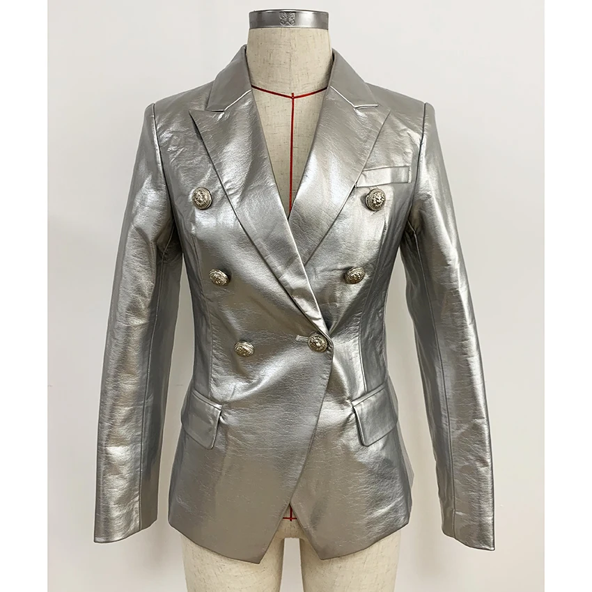 HIGH STREET Newest 2021 Designer Stylish Runway Women's Fashion Lion Buttons Silver Leather Blazer Jacket