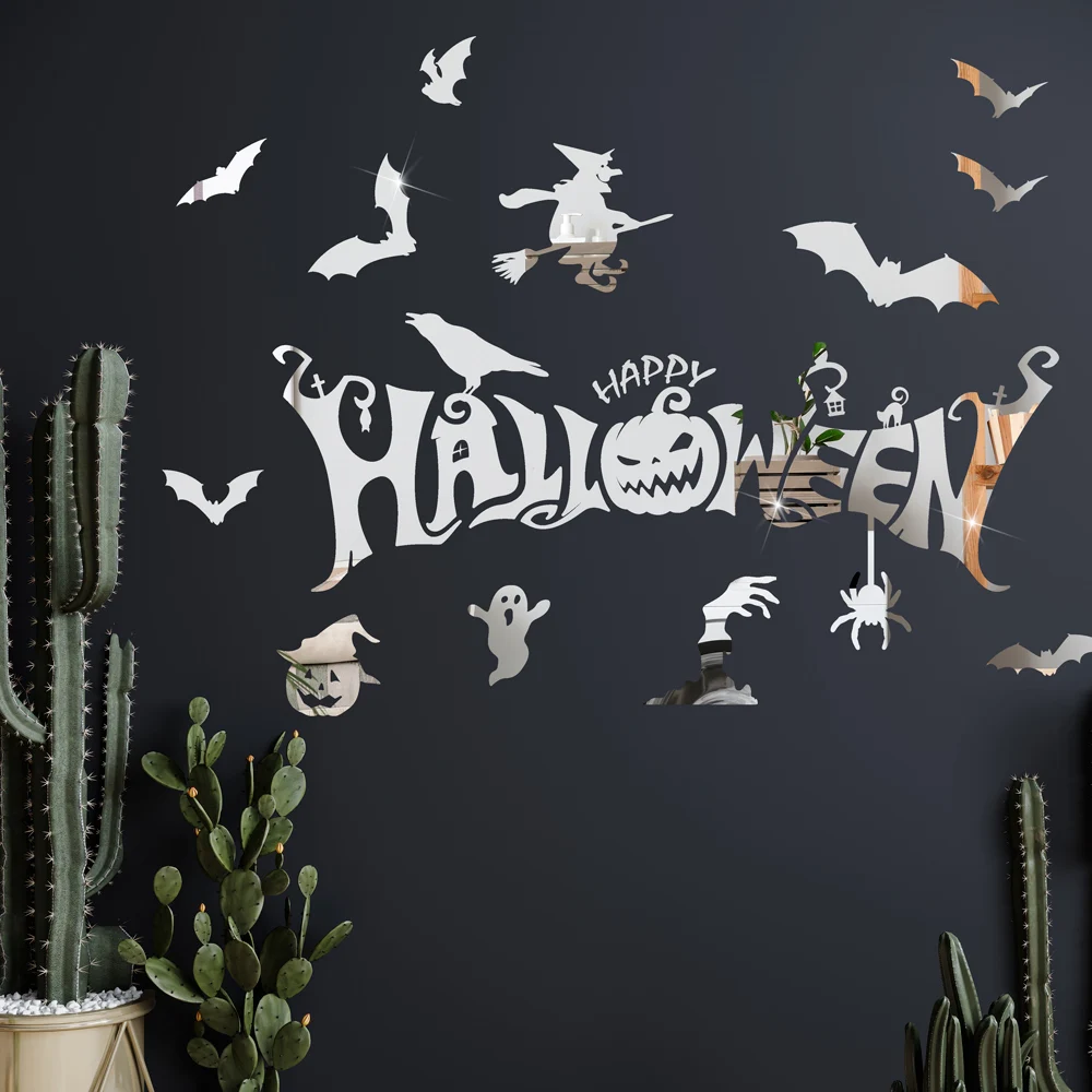 

Акриловые зеркальные настенные наклейки на Хэллоуин 3D DIY самоклеющиеся настенные наклейки ведьмы, призрачная летучая мышь, паук бар, украше...